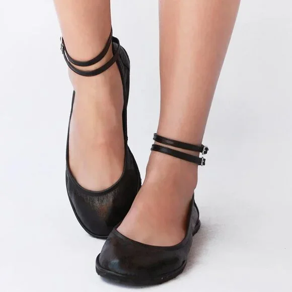 Drifter Custom Ballet Flats – Black Wrinkled Leather, Double Ankle Straps, Vibra - Picture 5 of 5